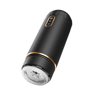 Fizzglow Piston male masturbator showing the black motorized chassis, ribbed TPE entryway, and gold accent ring