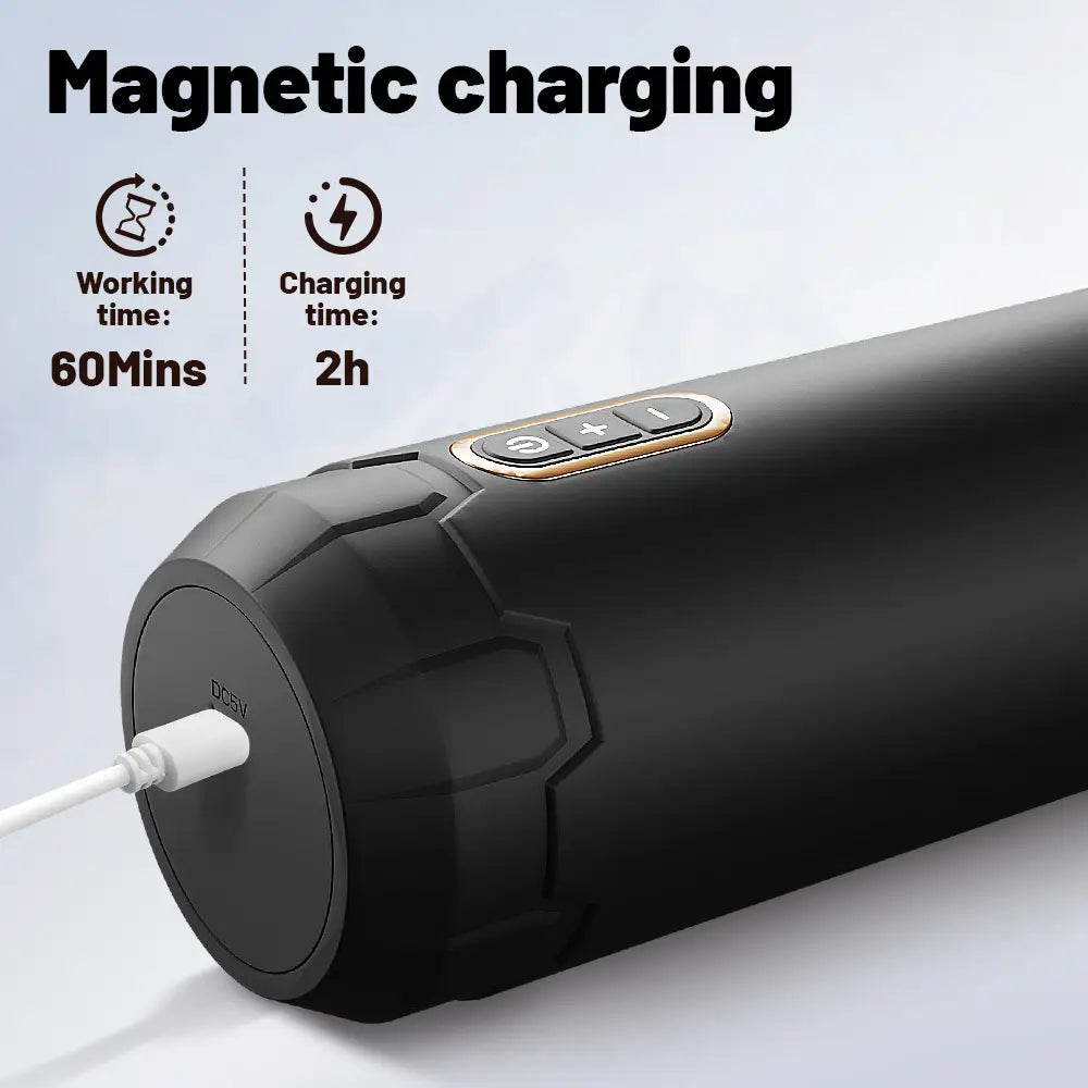 Magnetic USB charging port and top control buttons on the Fizzglow Piston male masturbator