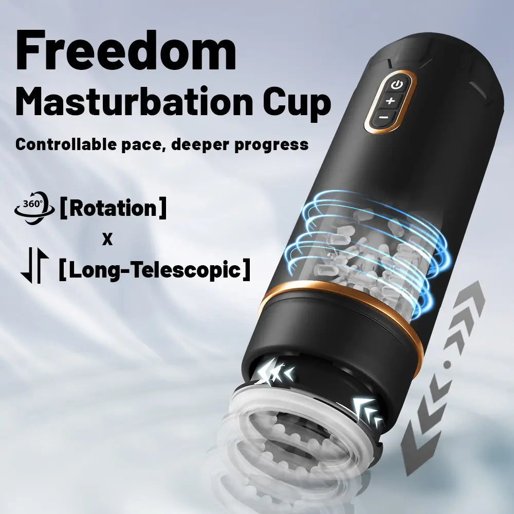 Dynamic spiral rotation and deep reciprocating motion diagram of the Fizzglow Piston male masturbator