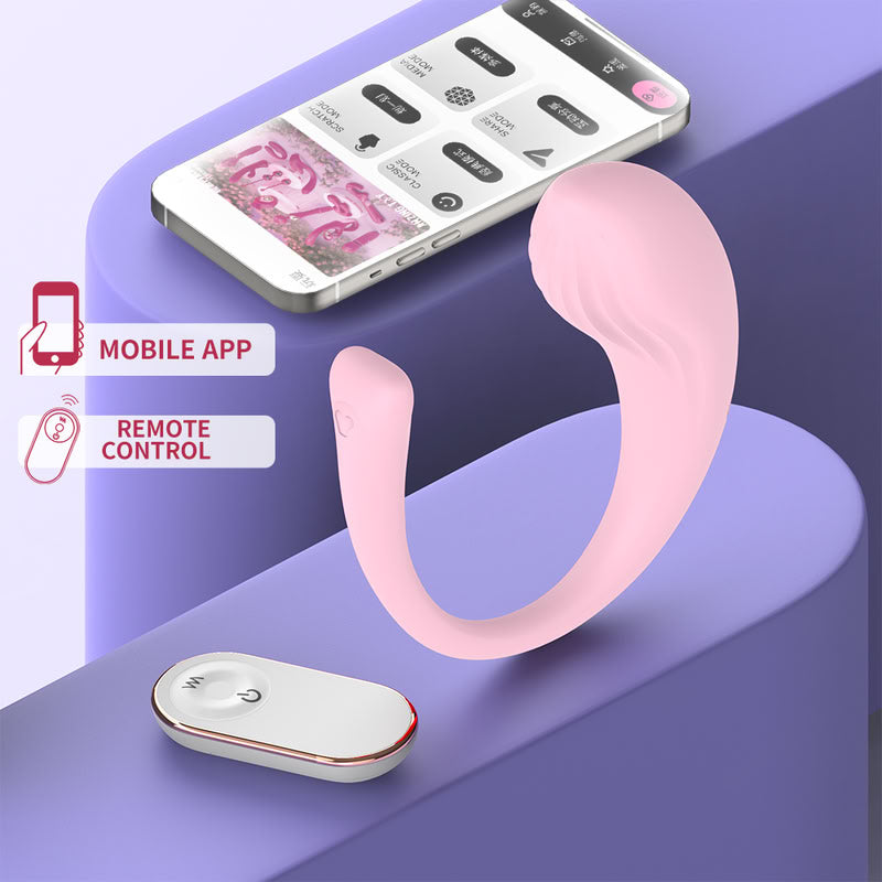Woman holding smartphone app controlling discreet wearable vibrator for public play and couples fun