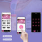 Woman holding smartphone app controlling discreet wearable vibrator for public play and couples fun