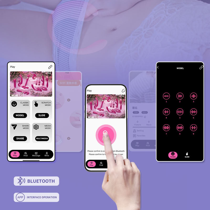 Woman holding smartphone app controlling discreet wearable vibrator for public play and couples fun