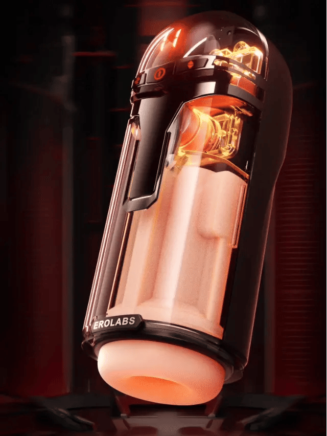 Internal cutaway view showing motorized telescopic drive and soft TPE sleeve inside the Fizzglow Interact Male Stroker
