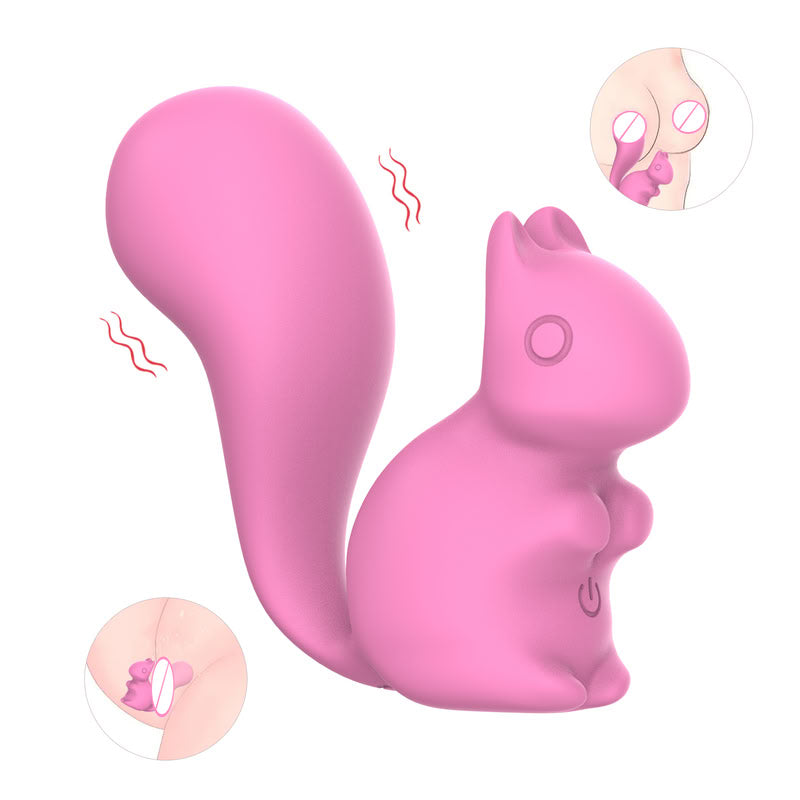 Pink silicone squirrel-shaped vibrator with a large curved vibrating tail and static body handle. 