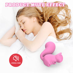 Lifestyle shot of the cute pink squirrel vibrator on a bed, highlighting its discreet design. 