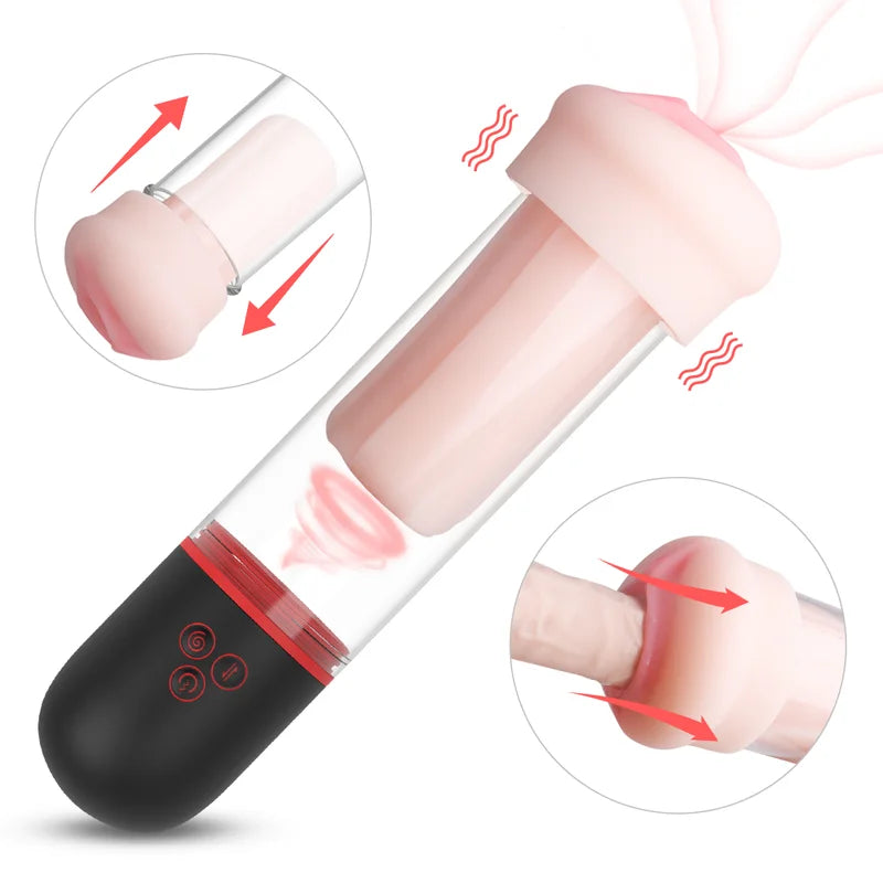 Abyss Automatic Penis Pump Stroker with stealthy black design and realistic TPE sleeve