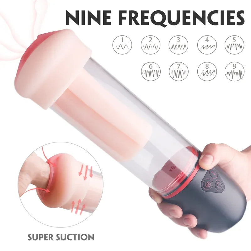 Abyss Automatic Penis Pump Stroker with stealthy black design and realistic TPE sleeve