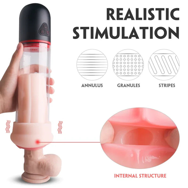 Abyss Automatic Penis Pump Stroker with stealthy black design and realistic TPE sleeve