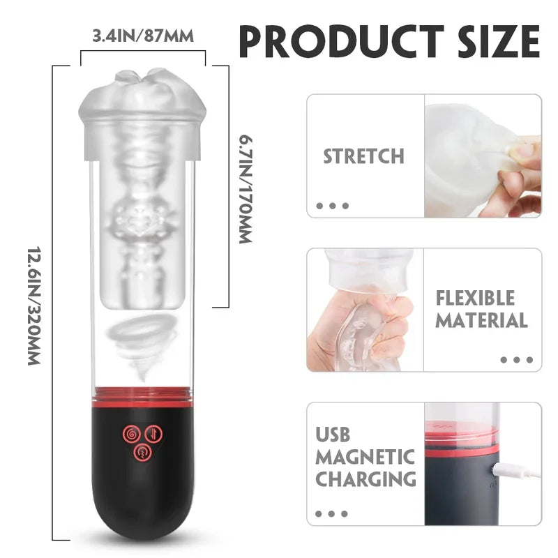 Vortex Automatic Penis Pump Stroker with transparent cylinder and realistic TPE sleeve