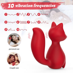 Close up of the 10 vibration frequency chart and the fox vibrator showing the power button on the belly.