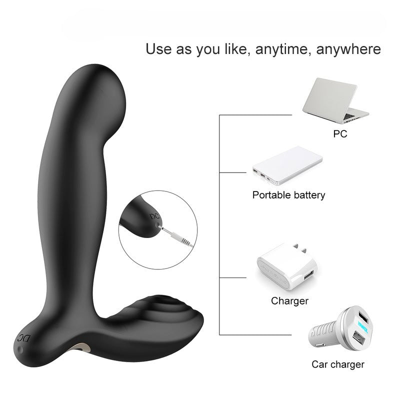 Fizzglow Inferno Anal Vibrator showcasing DC pin charging port with versatile USB power bank and adapter compatibility
