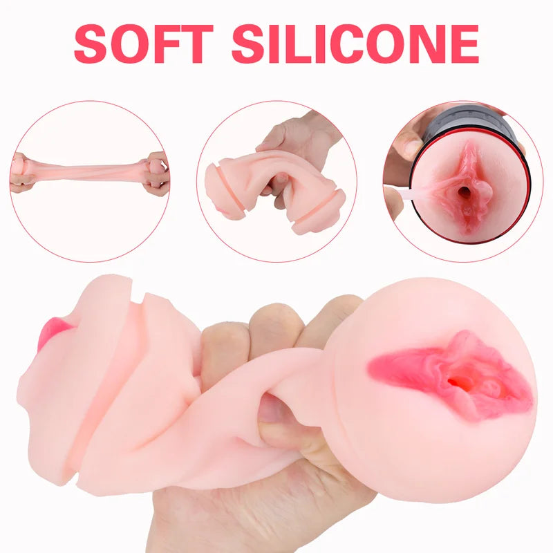 Shift dual-ended male masturbator with non-slip grip and 3D textured tunnels