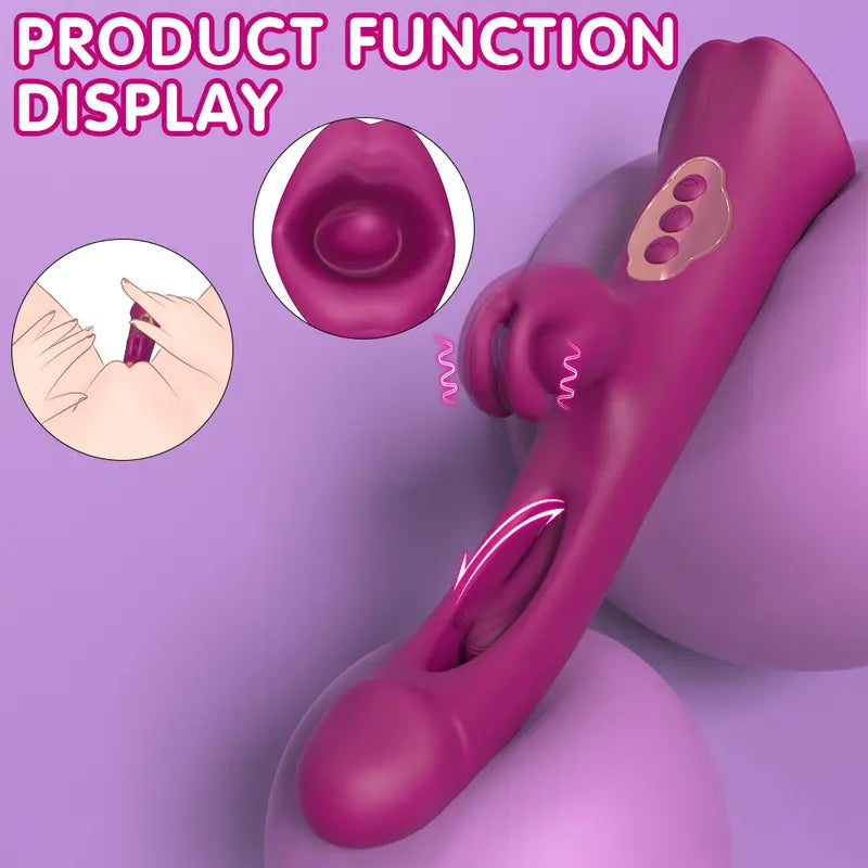 Sola G-Spot Rabbit Vibrator in burgundy showing its dual-end design with a tapping shaft, rabbit-ear stimulator, and a tongue-licking base.