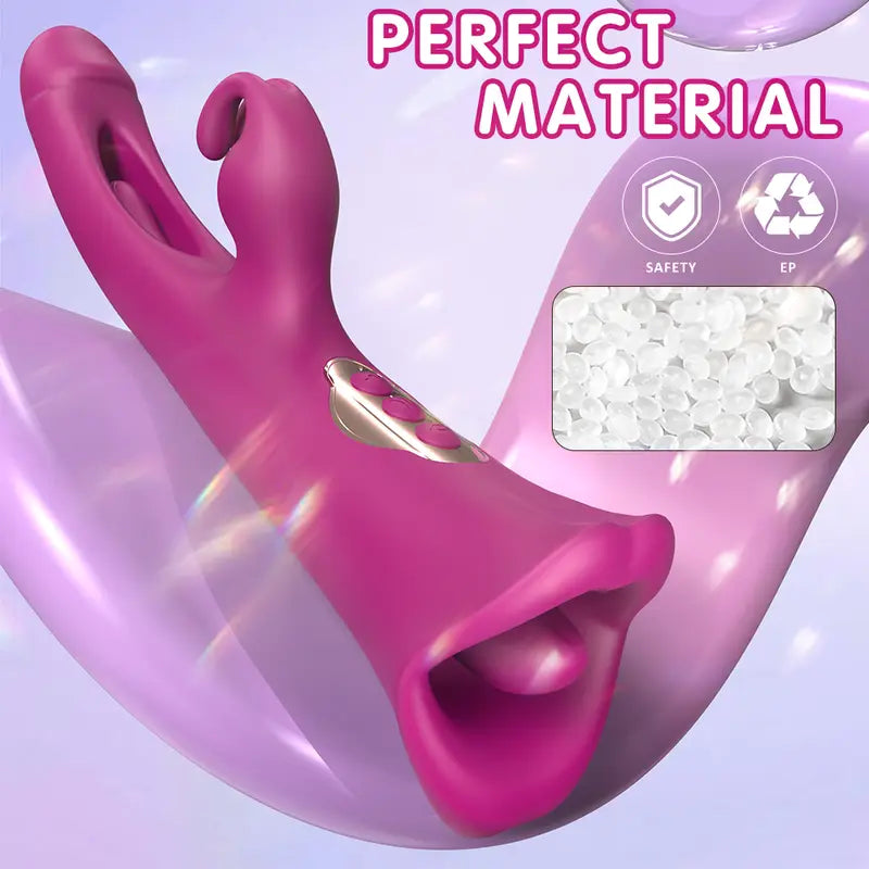 Sola G-Spot Rabbit Vibrator in burgundy showing its dual-end design with a tapping shaft, rabbit-ear stimulator, and a tongue-licking base.