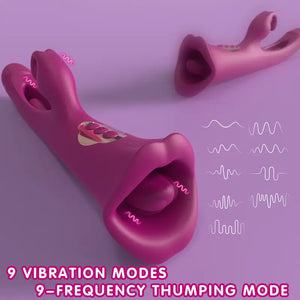 Sola G-Spot Rabbit Vibrator in burgundy showing its dual-end design with a tapping shaft, rabbit-ear stimulator, and a tongue-licking base.