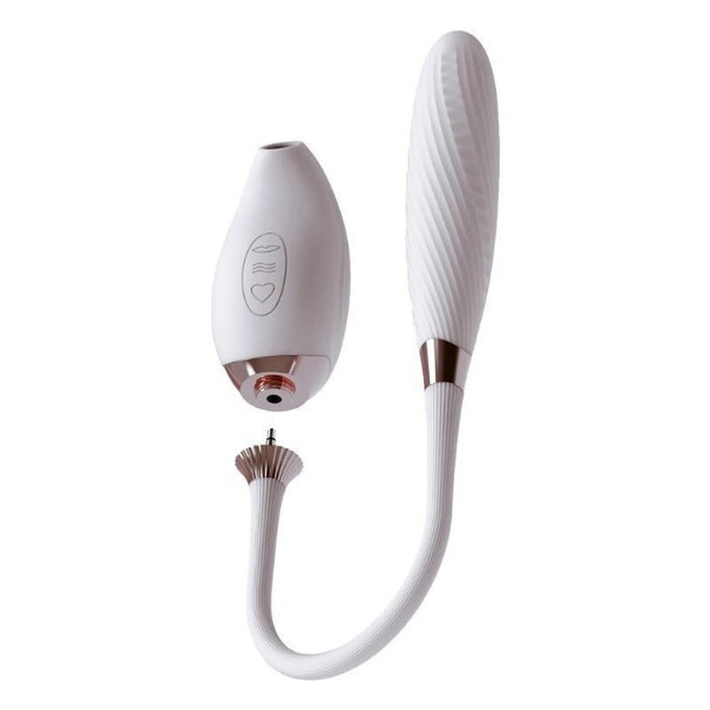 Switch detachable 2-in-1 app-controlled g-spot vibrator showing sonic sucking nozzle and pulse-thrusting shaft connected by a soft silicone cord
