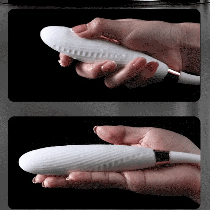 Switch detachable 2-in-1 app-controlled g-spot vibrator showing sonic sucking nozzle and pulse-thrusting shaft connected by a soft silicone cord