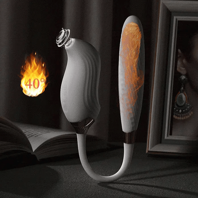 Switch detachable 2-in-1 app-controlled g-spot vibrator showing sonic sucking nozzle and pulse-thrusting shaft connected by a soft silicone cord