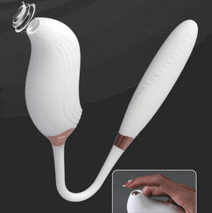 Switch detachable 2-in-1 app-controlled g-spot vibrator showing sonic sucking nozzle and pulse-thrusting shaft connected by a soft silicone cord
