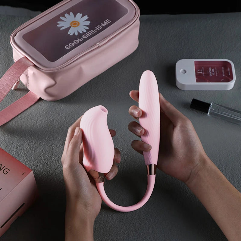 Switch detachable 2-in-1 app-controlled g-spot vibrator showing sonic sucking nozzle and pulse-thrusting shaft connected by a soft silicone cord
