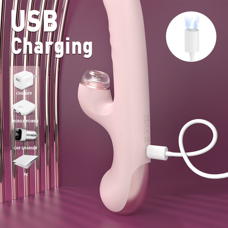 Telescopic Thrusting Rabbit Vibrator with Interchangeable Suction Heads  Fizzglow