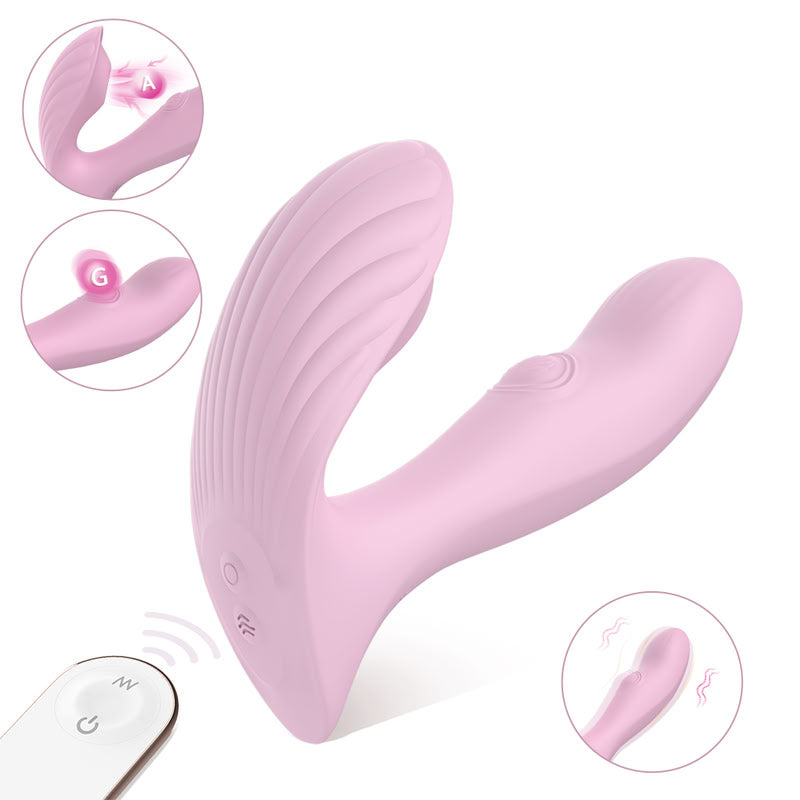 Magenta wearable panty vibrator with wireless remote control, smooth silicone texture for clitoral stimulation. 