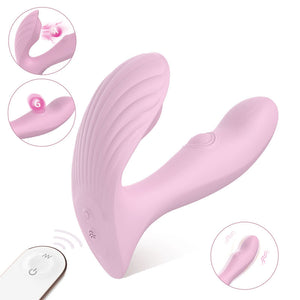 Magenta wearable panty vibrator with wireless remote control, smooth silicone texture for clitoral stimulation. 