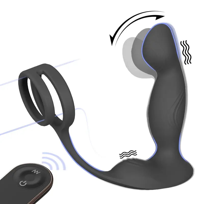 Apex Anal Prostate Vibrator with dual cock ring and wireless remote control showing dual-zone stimulation
