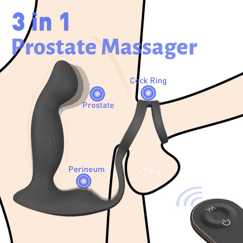 Anatomical diagram illustrating 3-in-1 stimulation zones for prostate, perineum, and cock ring