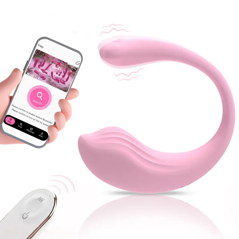 Pink Contour app-controlled wearable G-spot vibrator featuring smartphone Bluetooth control and compact wireless remote