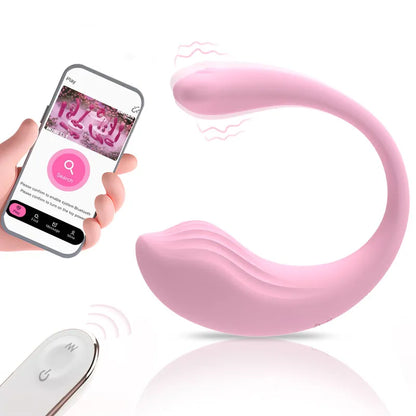Pink Contour app-controlled wearable G-spot vibrator featuring smartphone Bluetooth control and compact wireless remote