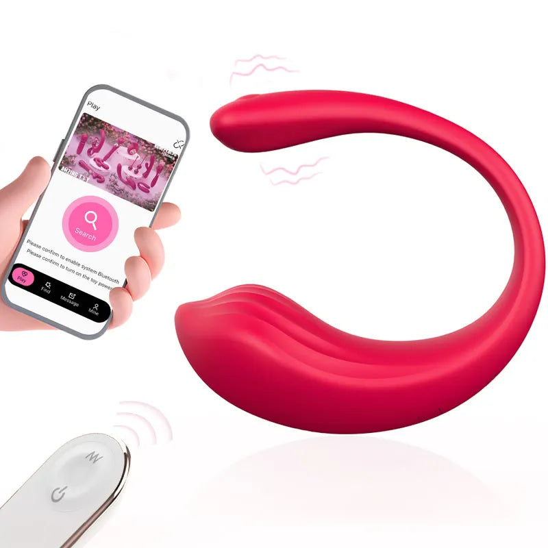 Magenta red Contour app-controlled wearable panty vibrator showing dual smartphone and wireless remote control options