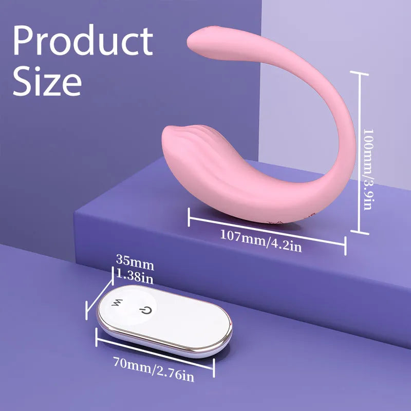 Product dimensions diagram for Contour app-controlled vibrator showing 4.2-inch (107mm) body and 2.76-inch (70mm) remote