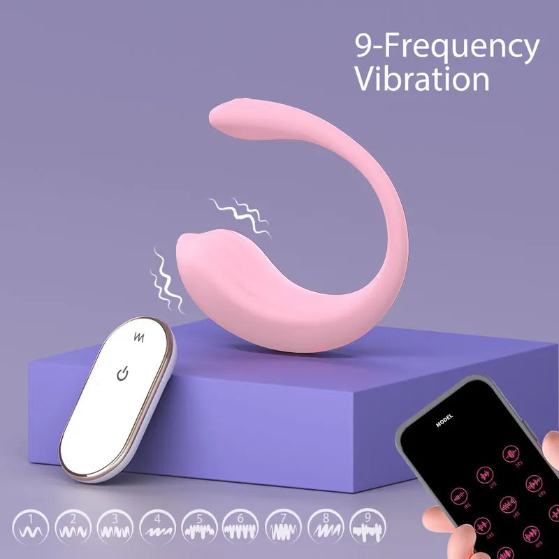 Pink Contour app-controlled panty vibrator with 9-frequency vibration mode icons, remote, and smartphone interface