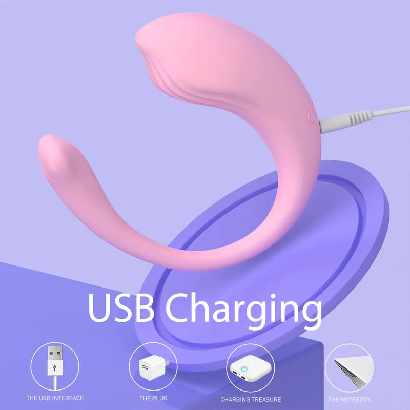 Pink Contour wearable vibrator showing DC USB charging port and multi-device compatibility options
