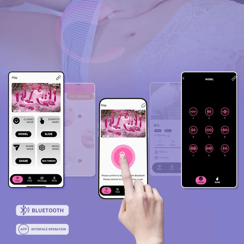 Hand operating smartphone Bluetooth app interface for Contour app-controlled wearable G-spot vibrator