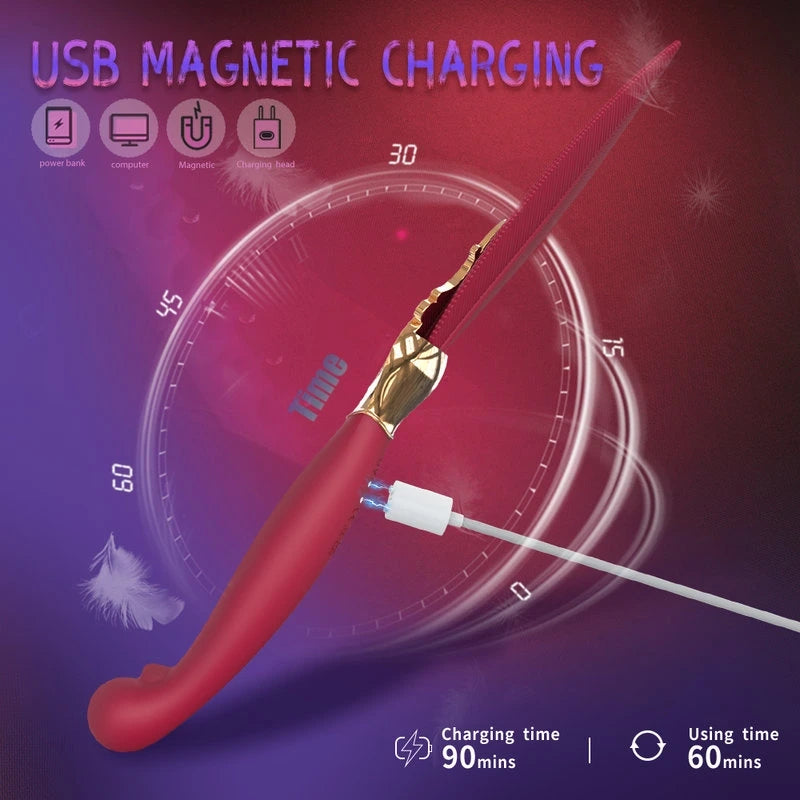 Plume 9-frequency female g-spot vibrator with flexible premium silicone shaft and elegant rose red feather styled base