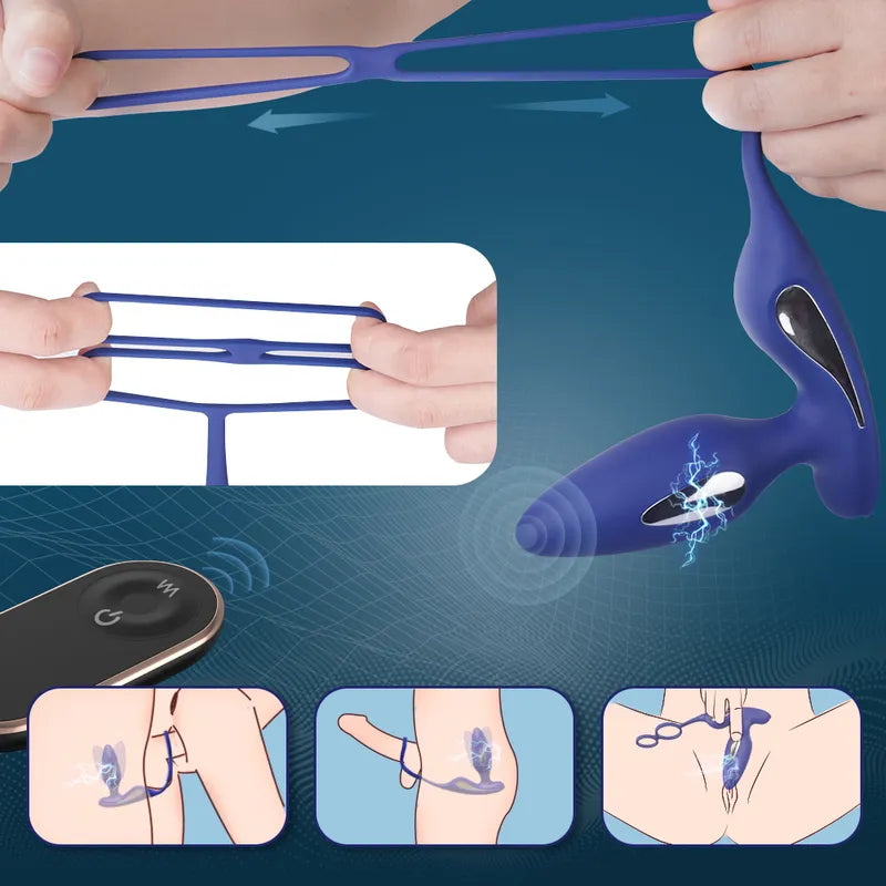 Wearing diagram for Apex Anal Prostate Vibrator showing dual cock ring positioning and P-spot contact points.