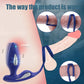 Wearing diagram for Apex Anal Prostate Vibrator showing dual cock ring positioning and P-spot contact points.