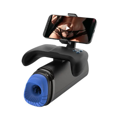 Black edition Fizzglow Apex Male Stroker featuring phone dock and blue textured TPE entrance