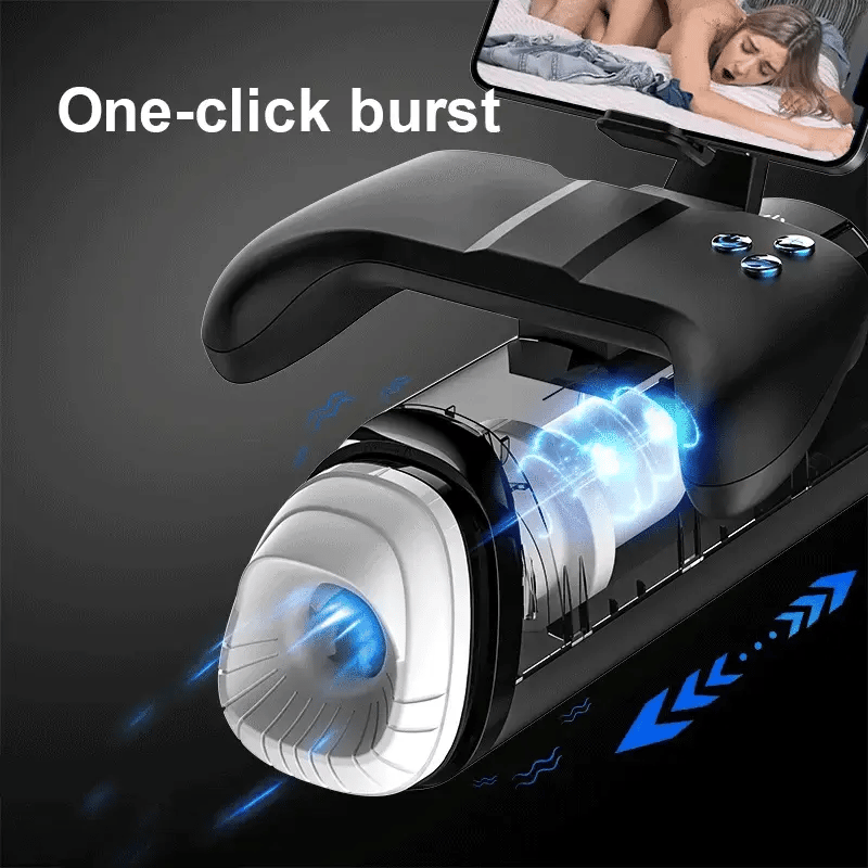Motorized linear piston mechanism and one-click burst drive inside the black Fizzglow Apex Male Stroker