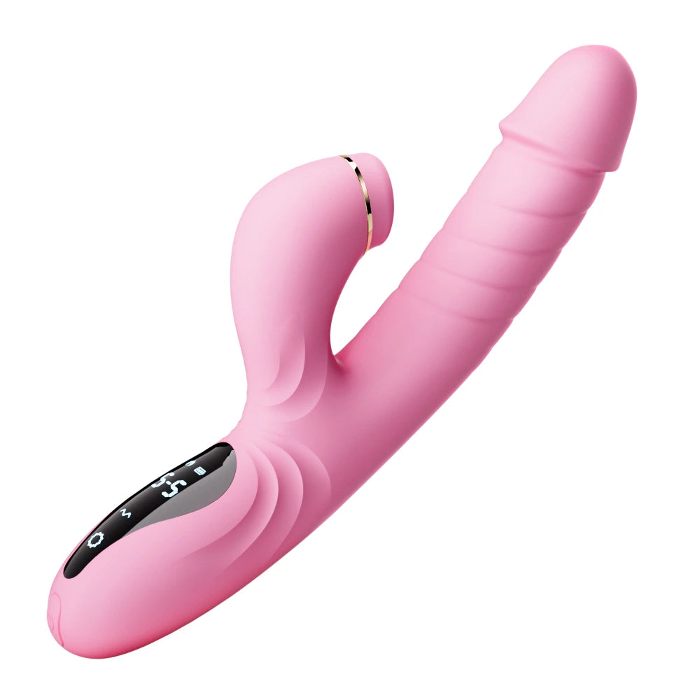 Beam Telescopic G-Spot Rabbit Vibrator with pink silicone body and smart LCD touch panel for custom heating