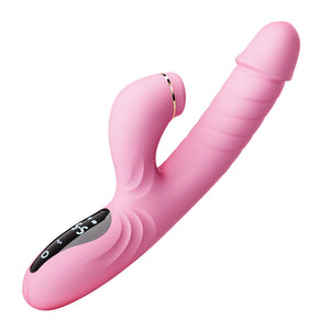 Beam Telescopic G-Spot Rabbit Vibrator with pink silicone body and smart LCD touch panel for custom heating