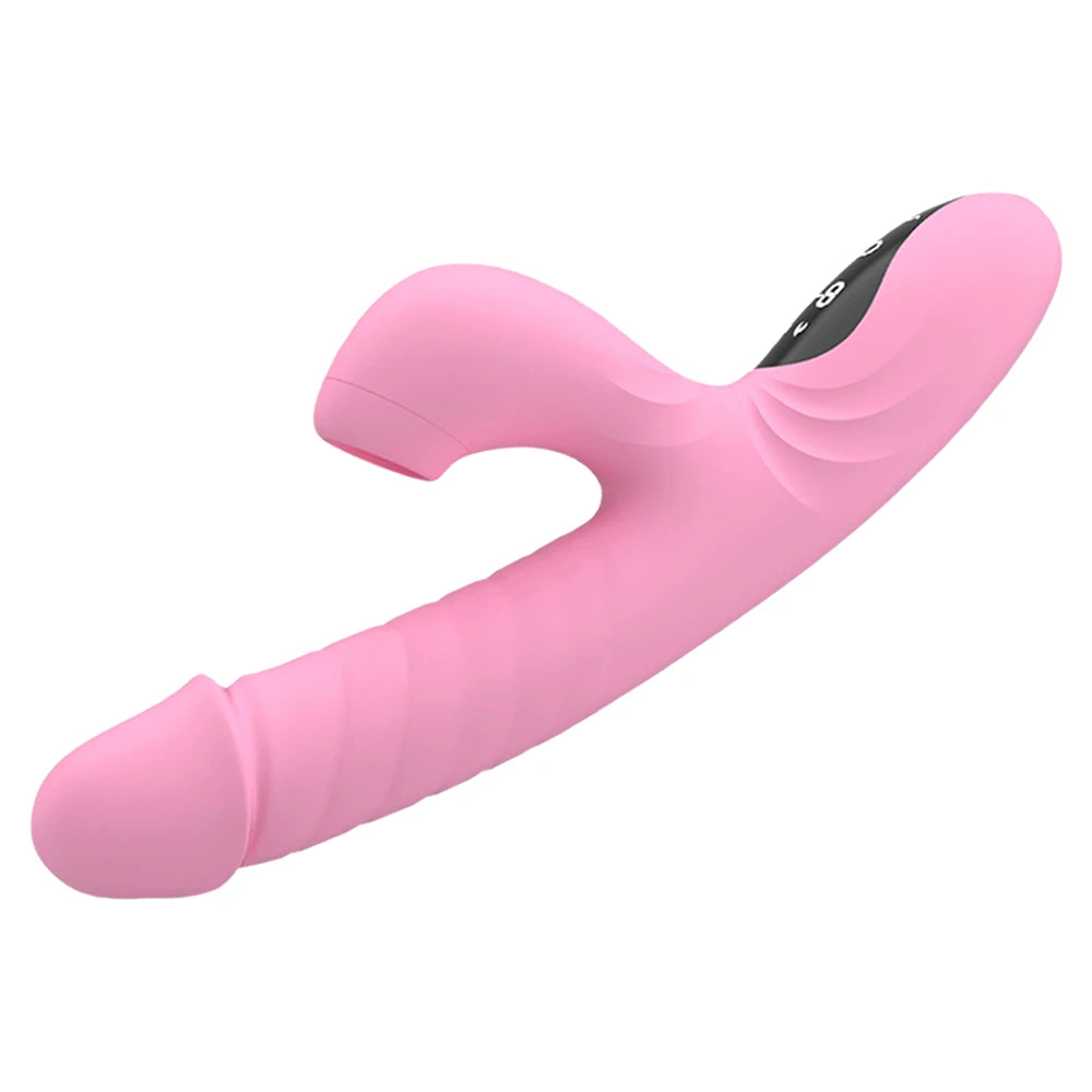 Beam Telescopic G-Spot Rabbit Vibrator with pink silicone body and smart LCD touch panel for custom heating