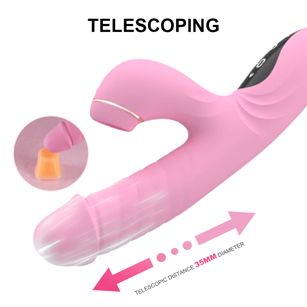Beam Telescopic G-Spot Rabbit Vibrator with pink silicone body and smart LCD touch panel for custom heating