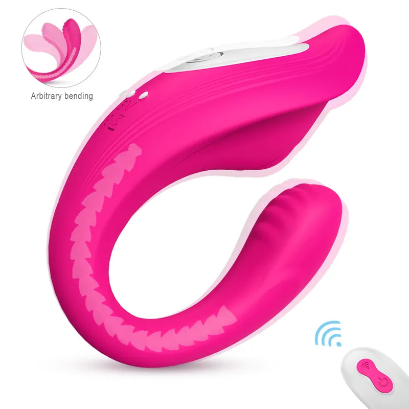 The Fizzglow Bend G-Spot Wearable Vibrator featuring a 270-degree flexible silicone shaft shown alongside an ergonomic wireless remote control for hands-free pleasure.