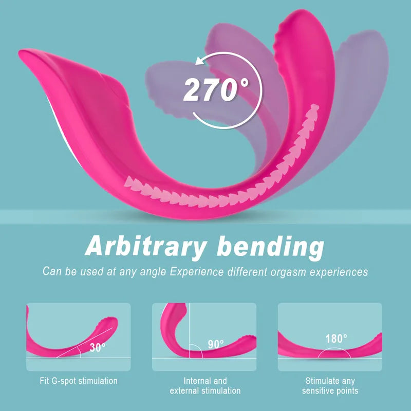 The Fizzglow Bend G-Spot Wearable Vibrator featuring a 270-degree flexible silicone shaft shown alongside an ergonomic wireless remote control for hands-free pleasure.
