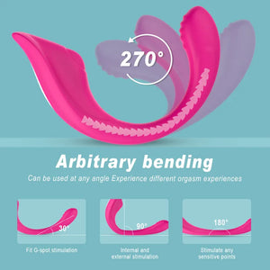 The Fizzglow Bend G-Spot Wearable Vibrator featuring a 270-degree flexible silicone shaft shown alongside an ergonomic wireless remote control for hands-free pleasure.