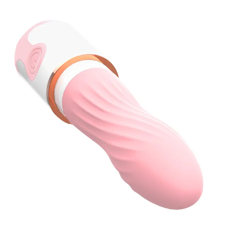 Close-up of the Breeze Lipstick Vibrator highlighting its soft pink silicone shaft with textured spiral ridges.