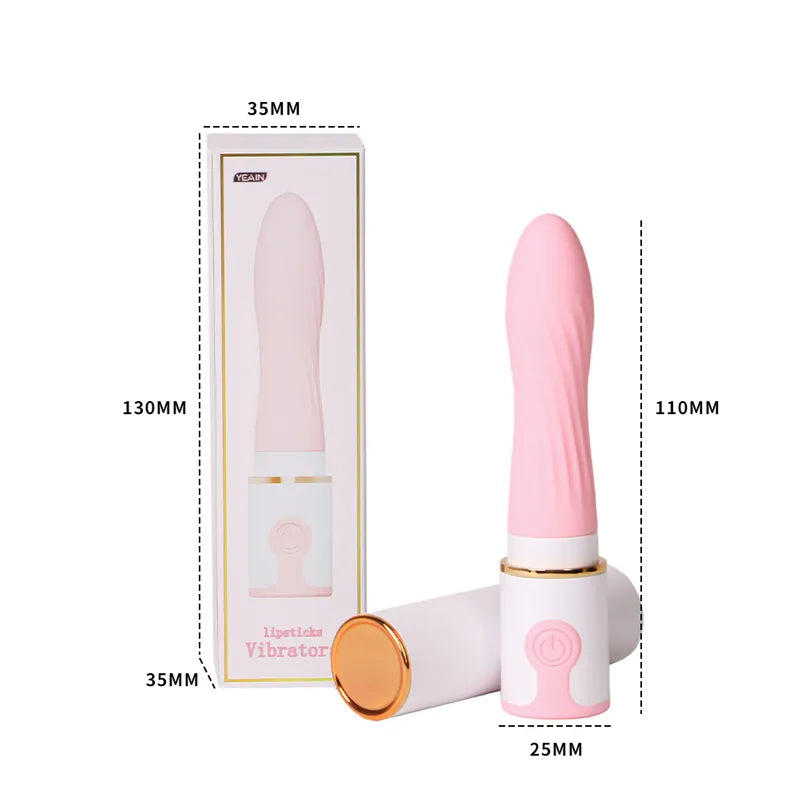 Product dimensions of the Breeze Lipstick Vibrator measuring 110mm by 25mm alongside its elegant packaging box.